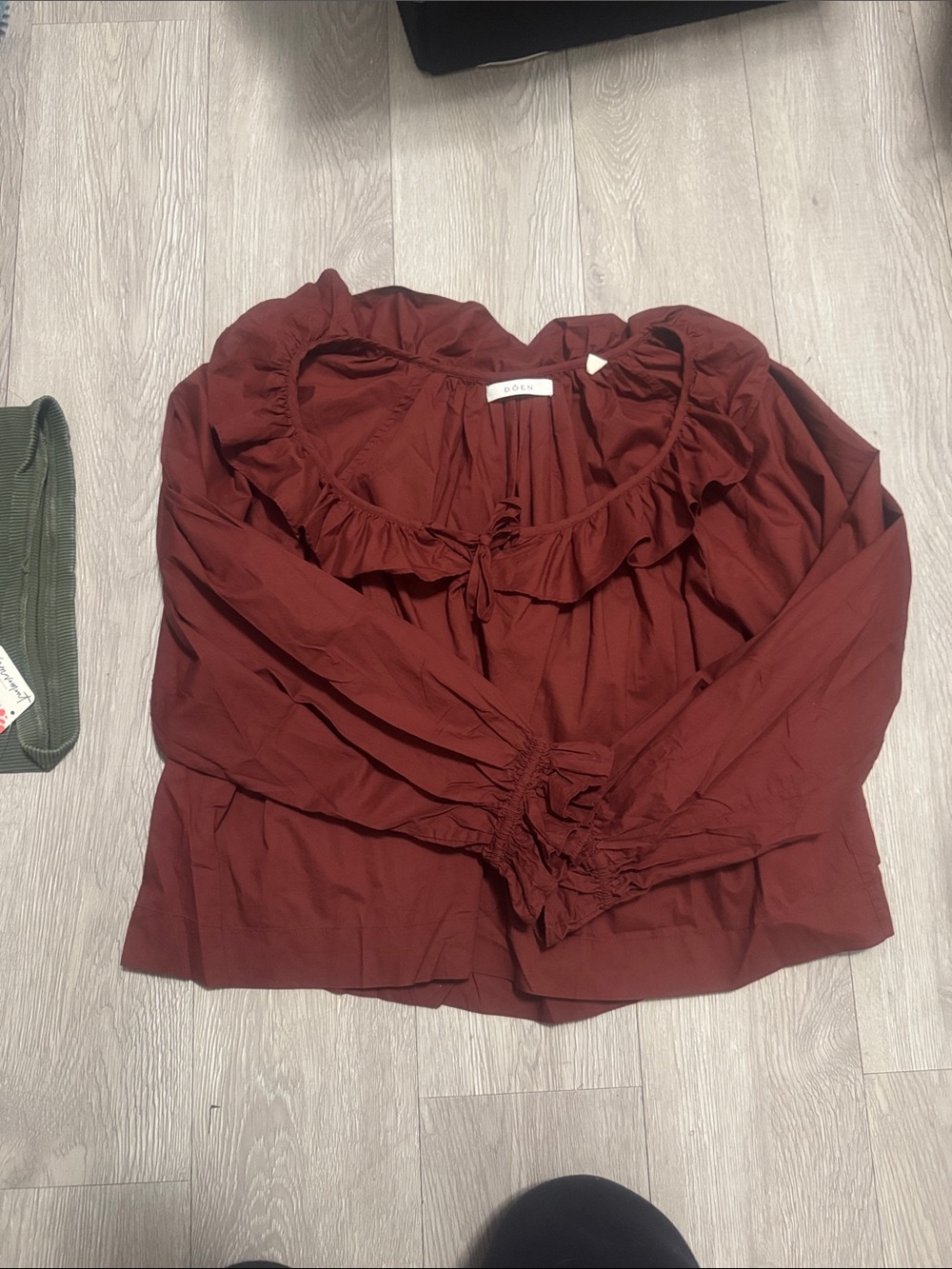 Doen Rust Red Ruffle-Neck Peasant Blouse